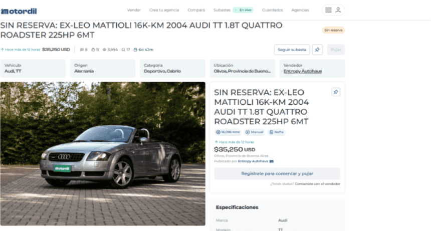 Subastan el Audi TT descapotable que tuvo Leo Mattioli hasta su muerte: por qu&eacute; es un auto tan codiciado